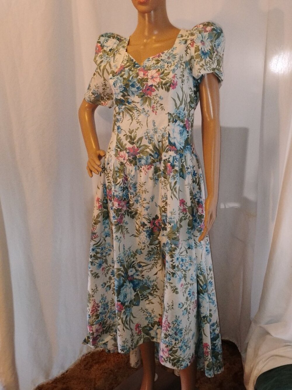 Alfred Angelo | Vintage 1980s Floral Party Dress | White Blue & Pink | Basque